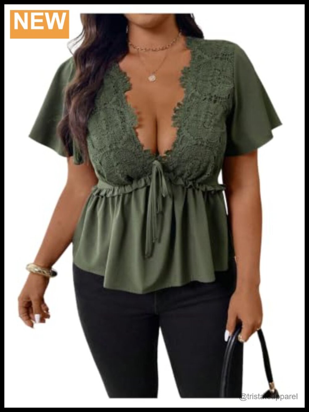 Plus Size Lace Peplum Blouse Deep V Neck Ruffle Sleeve Tie Front Babydoll Top